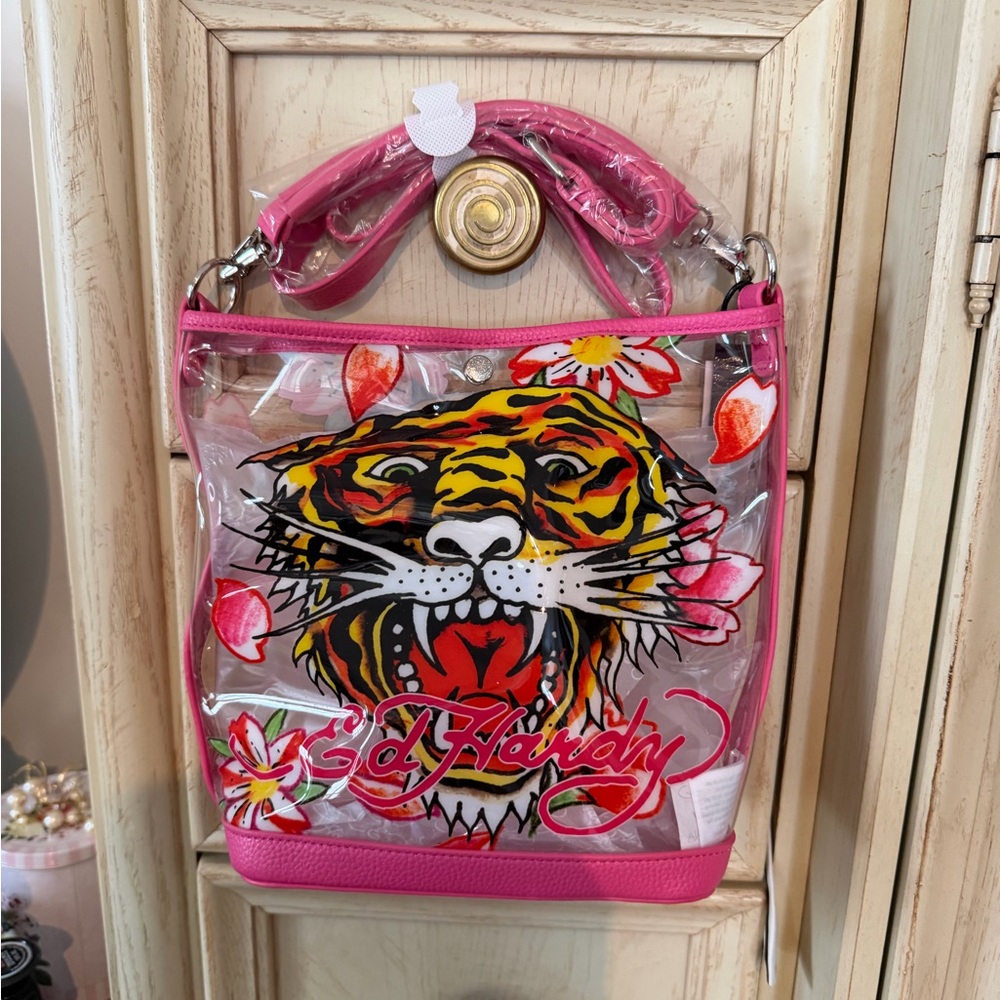 Ed Hardy Pink Transparent Tiger Print Bag